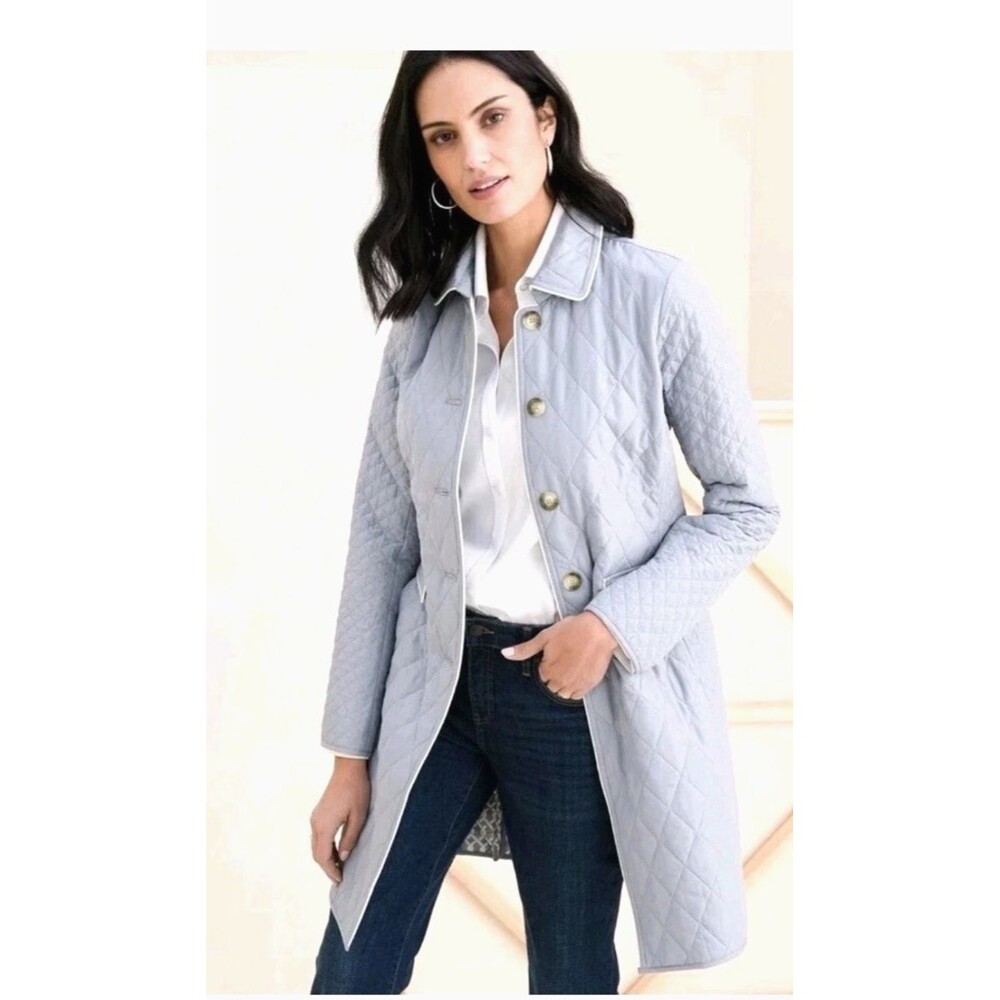 CHICO'S QUILTED ELONGATED COAT JACKET SIZE 3 US16 XL GRAY MIST PIPED TRIM EUC